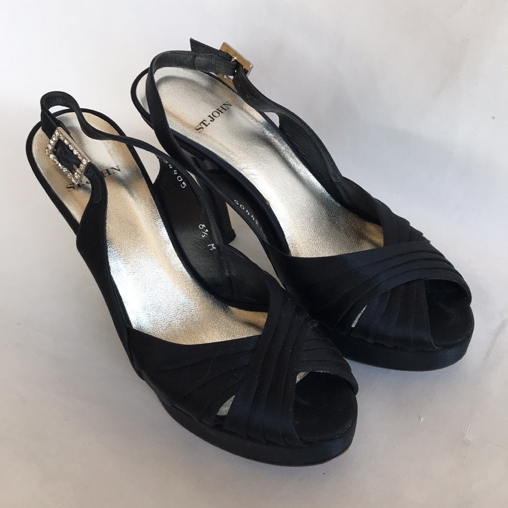 St. John black satiny platform heels with ankle strap, crystal buckle, size 6.5 - Picture 2 of 7
